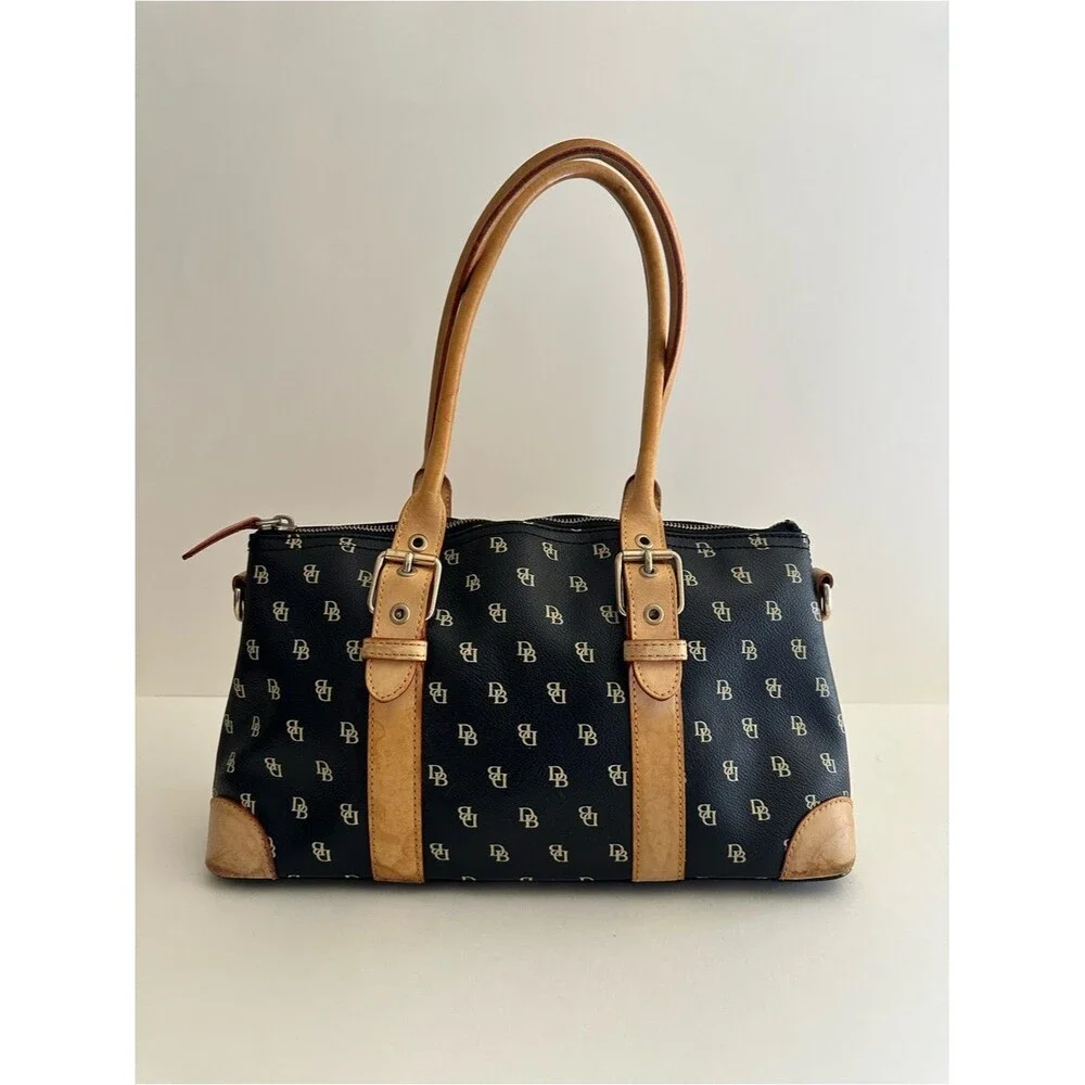 Dooney & Bourke y2k Black Boston Monogram Tan Leather Trim Satchel